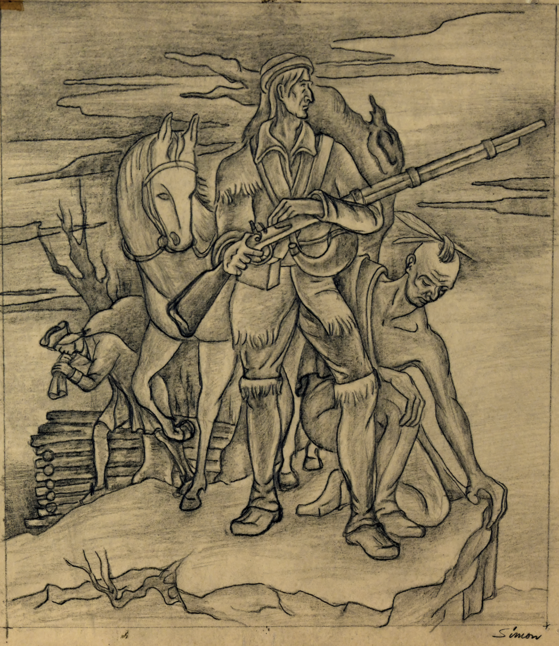 Sketch for mural of James Fenimore Cooper “The Leather Stocking” & “Last of the Mohicans”