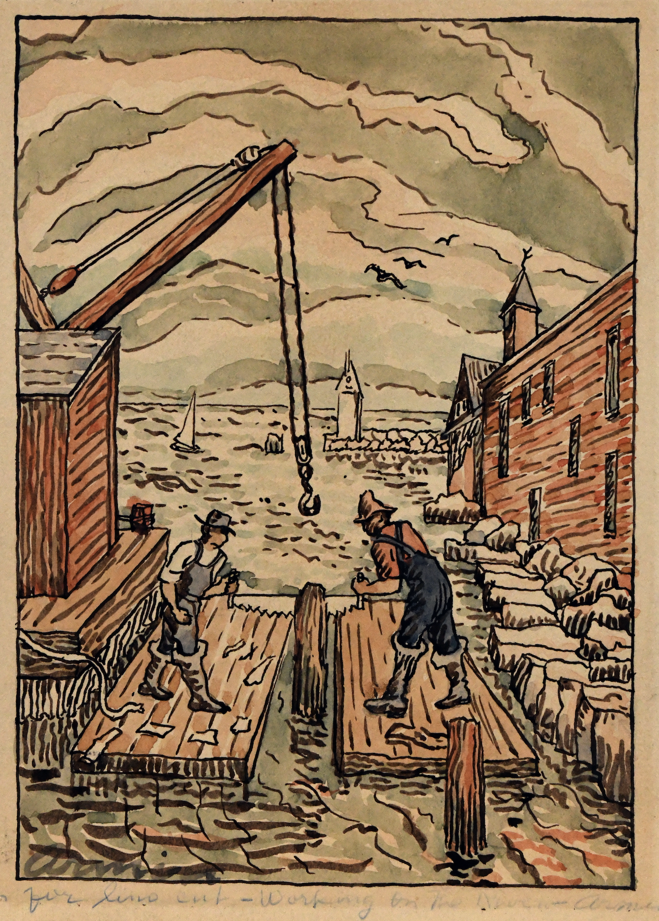 Work on the River - design for linocut