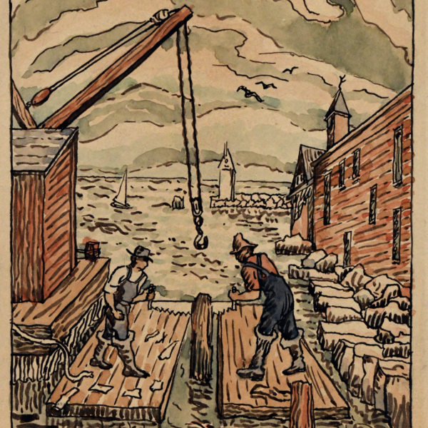 Emil Armin's Work on the River - design for linocut